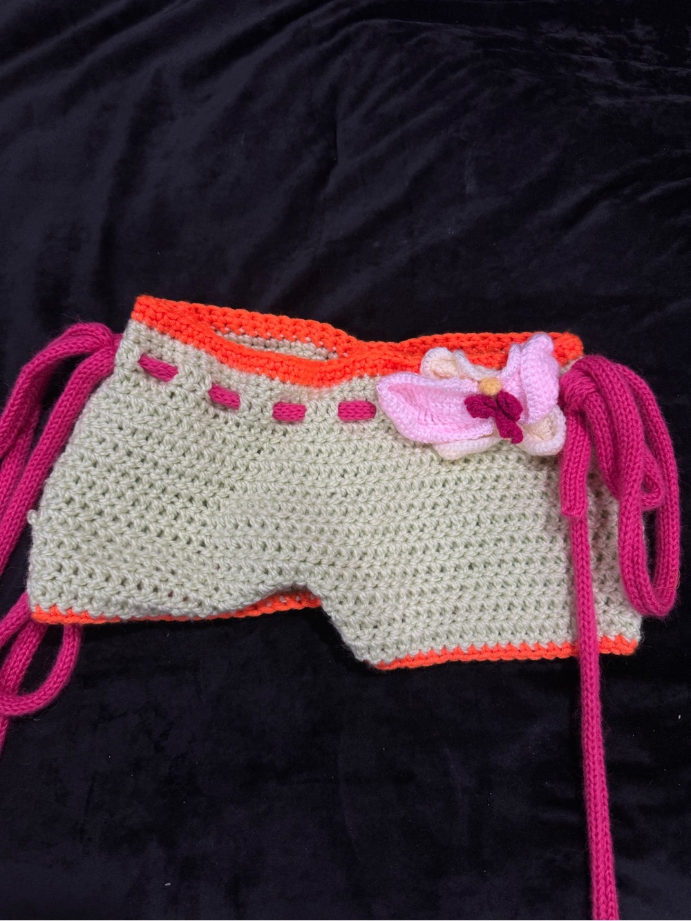 Handmade Crochet Women’s Shorts with Pink Flower Accent